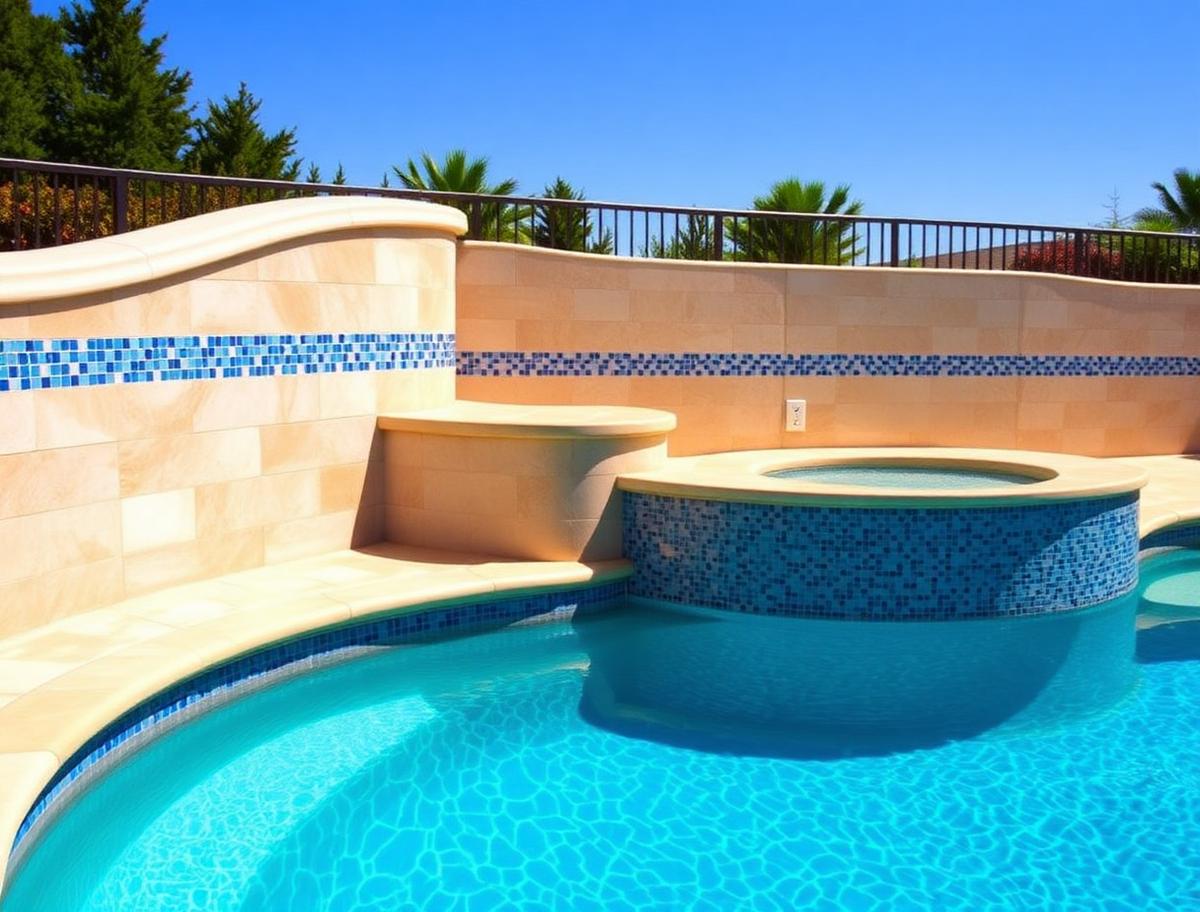 Custom tile banding & entry steps — pool project by JB Pool Pros in Dallas–Fort Worth, TX